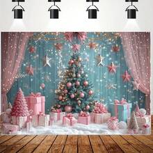 1pc Pink Christmas Tree & Curtain Backdrop, Winter Wonderland Photography Background, Christmas Party Photo Studio Prop, Holiday Decor Display - Multicolor - View 3