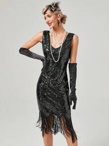 女士复古爵士时代鸡尾酒会礼服，1920年代V领串珠流苏哈林之夜风格连衣裙 - 黑色 - 查看 2