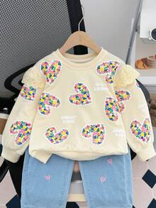 M.Dian xi 2-5岁女童碎花爱心印花套头卫衣，时尚儿童春秋季上衣 - 米色 - 查看 1