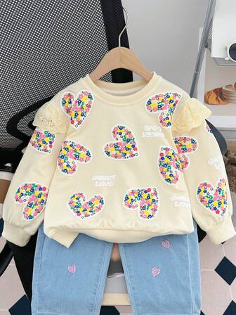 M.Dian xi 2-5岁女童碎花爱心印花套头卫衣，时尚儿童春秋季上衣