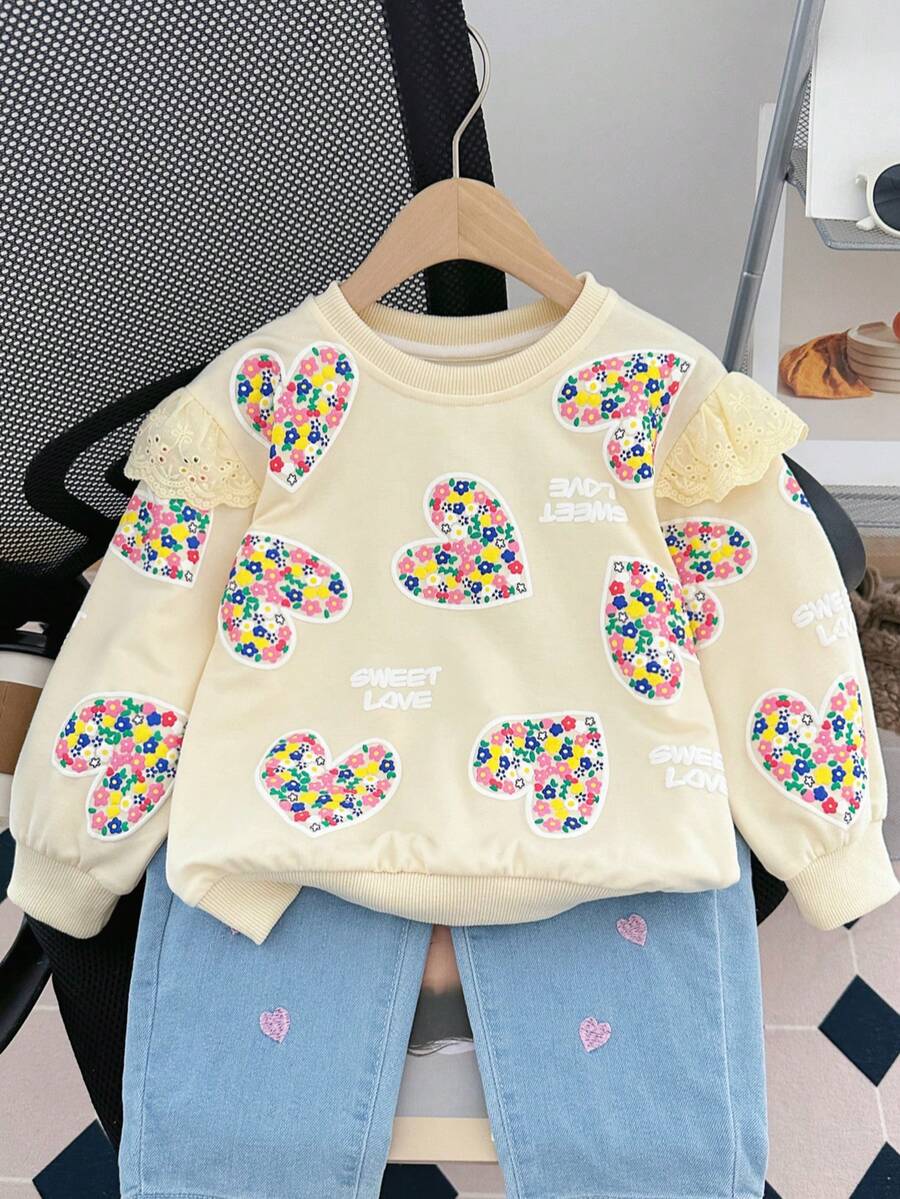 M.Dian xi 2-5岁女童碎花爱心印花套头卫衣，时尚儿童春秋季上衣 - 米色 - 查看 1