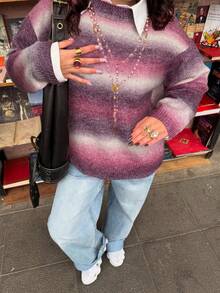 大码女式可爱休闲太空印花彩色街头风Y2K宽松长袖针织套头衫圆领日常穿搭秋冬外出返校节圣诞节感恩节新年礼物粉色度假 - 粉色 - 查看 3