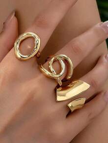 7/3pcs Asymmetrical Pearl Flower Rings, Geometric Shape, Tassel Effect, Hollow Round, Multi-Layer Metal Texture, Extra Large Size, Rugged Chic, Elegant Retro, Suitable For Festivals, Parties, Dates, Gifts, Daily Wear - Gold 1 - View 6