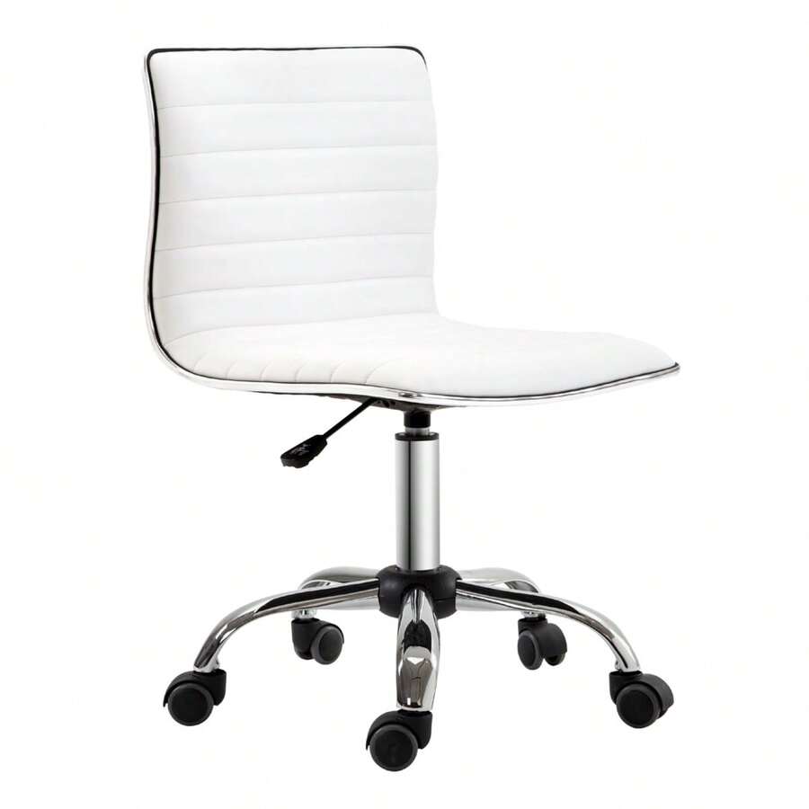 HOMCOM Armless Office Chair, Height Adjustable 78-90, Cosmetic Chair With Backrest, Up To 120 Kg, Leather, White (Available On Site) - 1 - View 1
