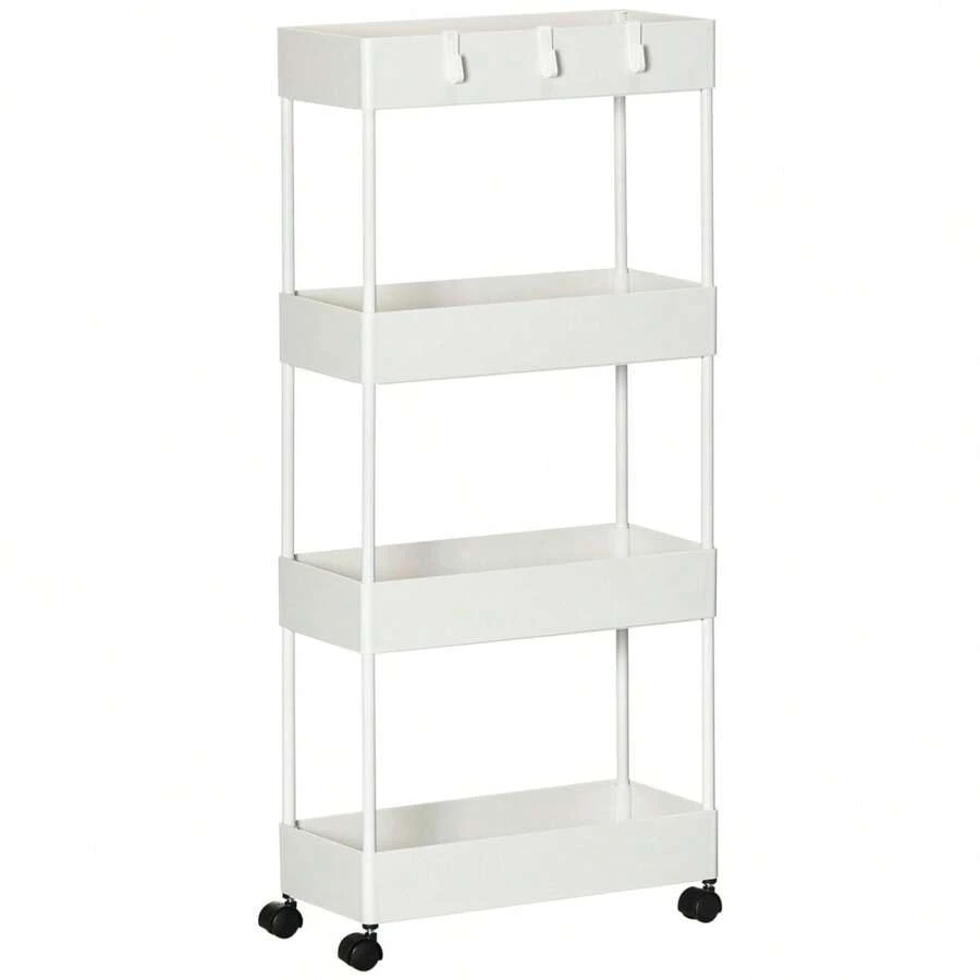 HOMCOM 4-Tier Rolling Kitchen Shelf, Storage Rack With Wheels And Brakes, Versatile, White