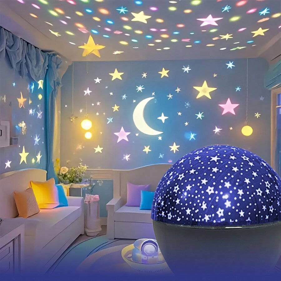 1pc Star & Moon LED Projector Light / Colorful Sky / Ceiling Projection Lamp || Atmosphere Decor Light || LED Desk Lamp | Night Light | Table Lamp | USB Powered Indoor Lighting, Suitable For Bedroom, Living Room Or Office Decor, Home Lighting Nightlight, Christmas, Modern Design, Touch Control, Dimmable, Holiday Decor - 彩色 - 查看 1