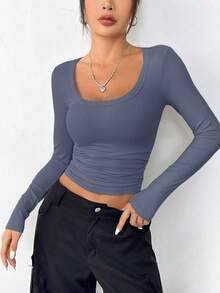 PRETTYGARDEN Women Spring And Fall Long Sleeve Shirts Clothes Cute Going Out Tops Ribbed Tight Fitted Plain Basic Tee Tshirts Vacation Outfits For Women - 深灰藍 - 查看 3