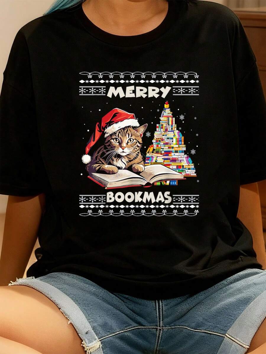 Fröhliches Buchmas Katze liest ein Buch Hässlicher Weihnachtspullover Weihnachten Männer Frauen Kinder T-Shirt Grafik-T-Shirts Frauen Crop Tops Sommeroutfits für Frauen Sommeroberteile T-Shirt - Schwarz - Übersicht 1