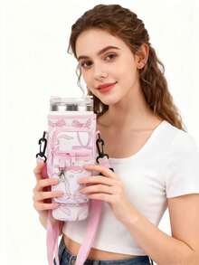 The 1pc Multi-Color Printed Water Bottle Cup Is Equipped With A Transparent Cleaning Brush, An Adjustable Shoulder Strap, A Large Capacity Pocket, And A Keychain, Suitable For Gift Giving And Outdoor Sports Cup Accessories - Multicolor - View 3