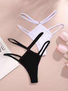 FINETOO 2pcs Women's Solid Color Hollow Out Ring Double Waist Band Thong Panties - Multicolor - View 2