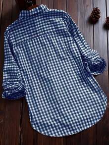 Women's Spring/Summer Long Sleeve Vintage Plaid Casual Shirt,Long Sleeve Tops - Navy Blue - View 2