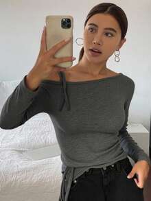 Livesso Femmes Couleur Unie Décontractée T-Shirt Col Asymétrique à Lacets, Manches Longues Printemps Automne Femmes Hauts Épaules Dénudées - Gris - Voir 3