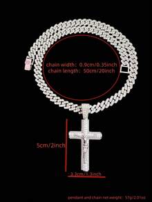 1 pieza Colgante de cruz de Jesús de circonita cúbica y 1 pieza Collar de cadena cubana de 9 mm con rhinestones, Collar colgante de estilo punk hip hop para hombres, joyería vintage de moda, adecuado para uso diario o fiesta, regalo para el amante - Plateado - Ver 6
