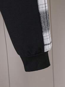 Young Boy Casual Plaid Print Patchwork Button Hooded Shirt And Sweatpants Set