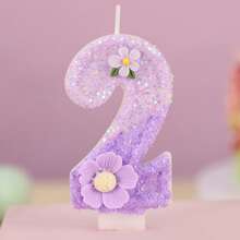 1支浪漫花朵生日蜡烛，高级蜡烛，带有0-9数字，是浪漫派对、生日蛋糕装饰、节日周年纪念派对蛋糕蜡烛的理想之选，闪亮数字蜡烛 - 淡紫色 - 查看 14