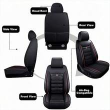 Sleek Black Faux Leather Stitched 5-Seater Full Coverage Car Seat Covers - Universal Fit Auto Seat Protectors - 五座黑色 - 查看 11