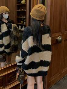 Women's Fashionable Versatile Striped Pullover Sweater, Knitted Casual Long Tops For Autumn/Winter - Khaki - View 7