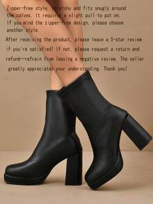 JIAOFEITI Women's Autumn And Winter Ankle Boots With Chunky Heel, Square Toe, Waterproof Platform And Mid-Calf High Heeled Boots, Versatile And Elegant - Black - View 16