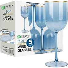 Oz Wine Goblets - Blue With Gold Rim 5-Pack Elegant Disposable Plastic Wine Glasses With Stems For Weddings Outdoor Events And Poolside Parties - 藍金邊 - 查看 1