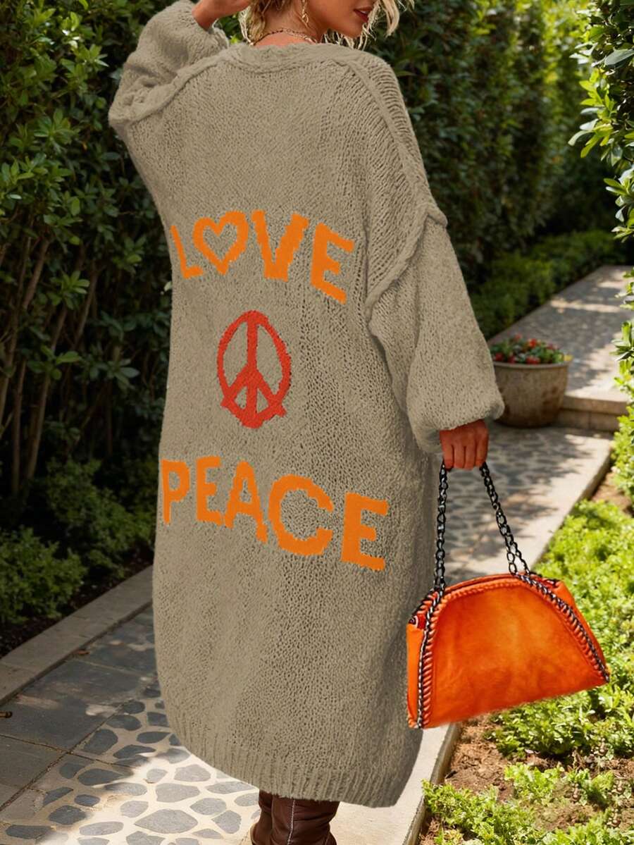 Fashionable New Autumn/Winter Tops, Featuring Letter Print, Contrast Stitching, Color Block, Colors, Pattern, Long Sleeve Sweater, Women's Casual Oversized Cardigan, Suitable For Outerwear - Khaki - View 1