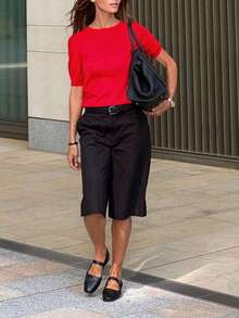 女士休闲纯色短袖针织上衣纯色毛衣针织上衣羊毛高领短袖套头毛衣女士基本款 T 恤，纯色宽松 T 恤，纯色运动上衣，汗衫柔软上衣，春夏秋