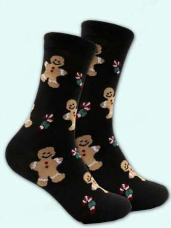 1 Pair Of Men's Christmas Mid-Calf Socks, Christmas Gingerbread Man Socks, Christmas Gifts