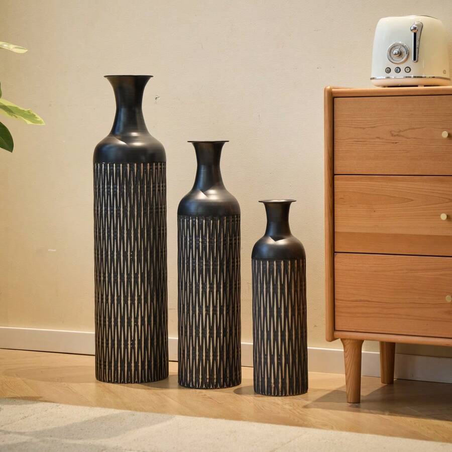 Black Floor-To-Ceiling Vase - 83/65/50cm Tall, Floor-To-Ceiling Metal Vase Set, 3 Retro Floor-To-Ceiling Vases, Tall Decorative Pampas Grass Branch Vase, For Living Room And Bedroom Floor-To-Ceiling - 1 - 查看 1
