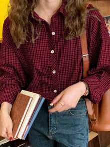 Women's Casual Plaid Long Sleeve Shirt, Button Front Dropped Shoulder Blouse Top, Regular Fit Woven Fabric - Red - View 2