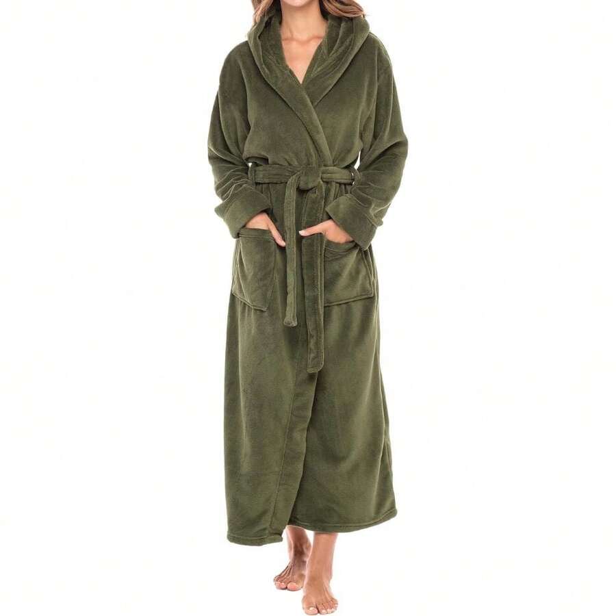 Womens Robe, Long Plush Bathrobe With Hood, Hooded Robes For Women Plus Size Bath Robe,31371251 - 軍綠色 - View 1
