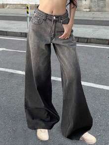 سراويل جينز نسائية بغسيل أومبري أسود، سراويل فضفاضة ذات ساق مستقيمة، سراويل ساق واسعة كاجوال، للربيع والصيف