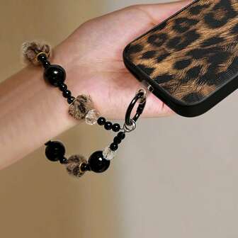 DIY豹纹毛绒黑色珠子腕带，适合悬挂手机壳和耳机壳