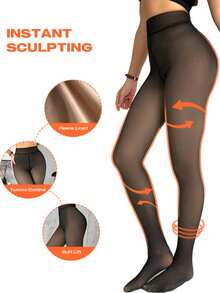 2条装女士高腰修身加绒半透明紧身裤/打底裤，黑色，适合冬季日常穿着 - 深灰色 - 查看 5