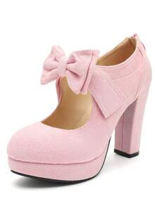 MAIERNISI JESSI Womens Bow Heels Mary Jane Shoes Round Toe Platform Chunky High Heel Vintage Dress Pumps - 粉紅色絨面 - 查看 14
