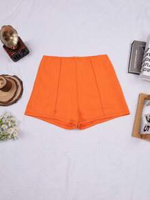 Apperloth A Street Solid High Waist Stretchy Seam Detail Casual Slim Fit Skinny Shorts