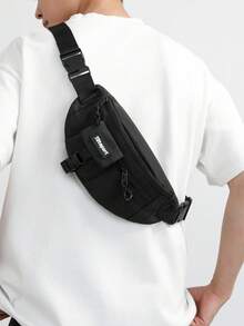 字母印花男士单肩腰包、时尚腰包、返校用品、带徽标印花、单肩包、休闲运动风格爸爸学院包休闲户外骑行包黑色包学生大容量多功能度假胸包臀包旅行必需品假日必需品男士包夏季返校腰带夏季包春假包腰带包