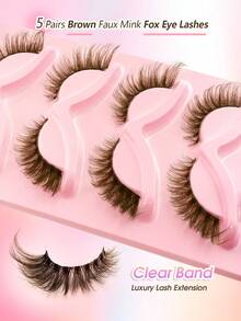 Rikuaild 5 Pairs Fluffy Brown False Eyelashes, Transparent Eyelash Stems, Invisible Eyelash Bands, Natural Criss-Cross Curly Cat Eye Lashes, Fox Eye Effect Faux Mink Lashes, Suitable For Daily Makeup, Christmas Gift - 眼尾拉長款 - 查看 2