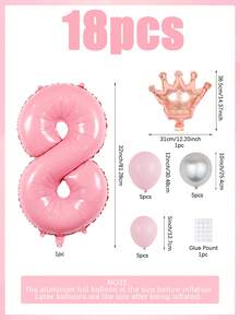 18pcs/Set 32-Inch Pink Number Princess Birthday Balloon Set, 32-Inch Numbers 0-9 & Pink Crown & Silver Metal, Suitable For Birthday Party, Princess Birthday Theme Party, Candy Pink Theme Party, Home Party Decoration, Back To School, Valentine's Day - Multicolor - View 2