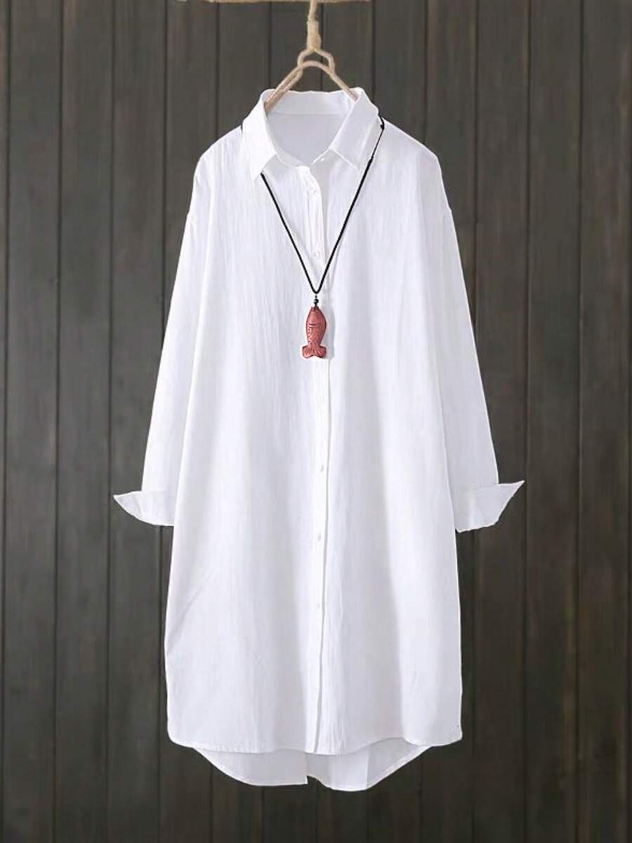 女式长袖落肩衬衫，不对称下摆和纽扣细节，无弹力涤纶面料