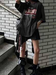 Round Neck Short Sleeve T-Shirt, Summer New Digital Pattern And Letter Print, Fashionable Casual Loose Women's Top - Dark Gray - View 9