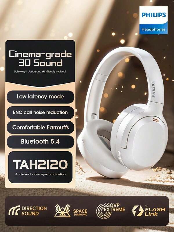  Philips Over-Ear Bluetooth Headphones,TAH2120,Sports-Ready, Long Battery Life, Foldable,Noise Cancellation, For PC Gaming Esports