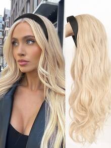 Peruca Sintética Dourada de 24 Polegadas de Comprimento com Tiara Colorida e Elásticos de Cabelo, Peruca Sintética de Padrão Ondulado, Tiara Destacável - Dourado - Visão 13