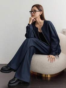 DAZY Bộ 2 món áo khoác nữ cổ tròn cạp chun và quần ống rộng dáng rộng, thường ngày - Màu xanh lam - Xem 7