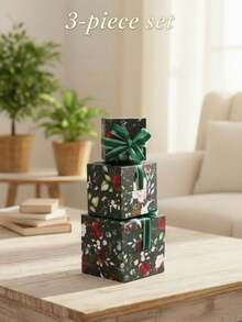 Set regalo quadrato da tre pezzi, motivo floreale verde scuro 2396
