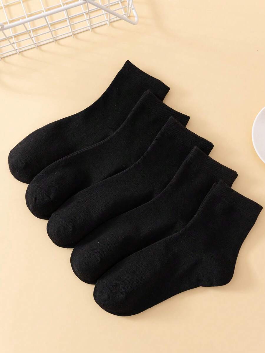 5 Pairs Classic Black Mid-Calf Socks, Versatile And Casual For Everyday Wear - Black - View 1