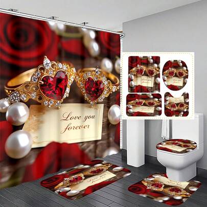 1pc/3pcs/4pcs Valentine's Day Heart Diamond Couple Rings Multifunctional Bathroom Decor Shower Curtain Set, Free 12 Hooks Included, Elegant Holiday Atmosphere, Bathroom Mat, U-Shaped Floor Mat And Round Toilet Mat, Suitable For All Scenarios Bathroom Set