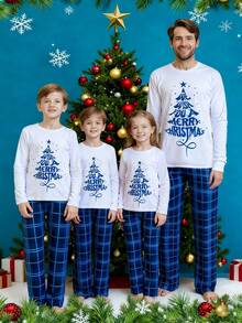 Family Matching Christmas Pajamas Set Letter Tree Print Holiday Pajamas Plaid Sleepwear Soft Loungewear