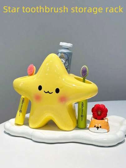1 pieza Soporte para cepillo de dientes con forma de estrella adorable de plástico - Organizador de baño independiente, con diseño de cara adorable, construcción de plástico duradero, organizador de espacio para cepillo de dientes y pasta de dientes