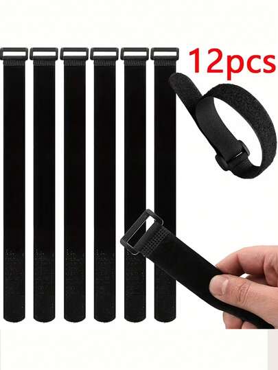 20 st. återanvändbara justerbara kardborreband med metallspänne, 8/12/16 tum - självlåsande nylonstängning för bindning, perfekt för hemorganisering och gör-det-själv-projekt, mångsidiga bindremmar | Eleganta svarta remmar | Nylonremmar