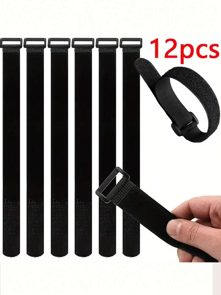 20pcs Reusable Adjustable Hook-And-Loop Straps With Metal Buckle, 8/12/16 Inch - Self-Locking Nylon Closure For Secure Binding, Ideal For Home Organization And DIY Projects, Versatile Binding Straps|Sleek Black Straps| Nylon Straps