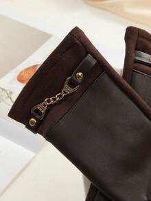 1 Pair Women's Brown Faux Leather Touchscreen Gloves With Thermal Lining, Fashionable Motorcycle Style, Suitable For Outdoor Cycling, Spring/Autumn/Winter - Brown - View 3